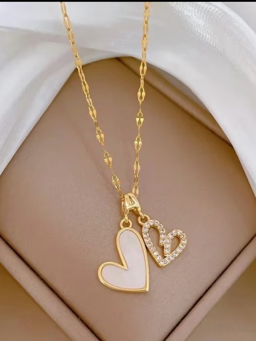 Gold Heart Pendant Necklace with White Enamel and Crystal Accent - Women Jewelry